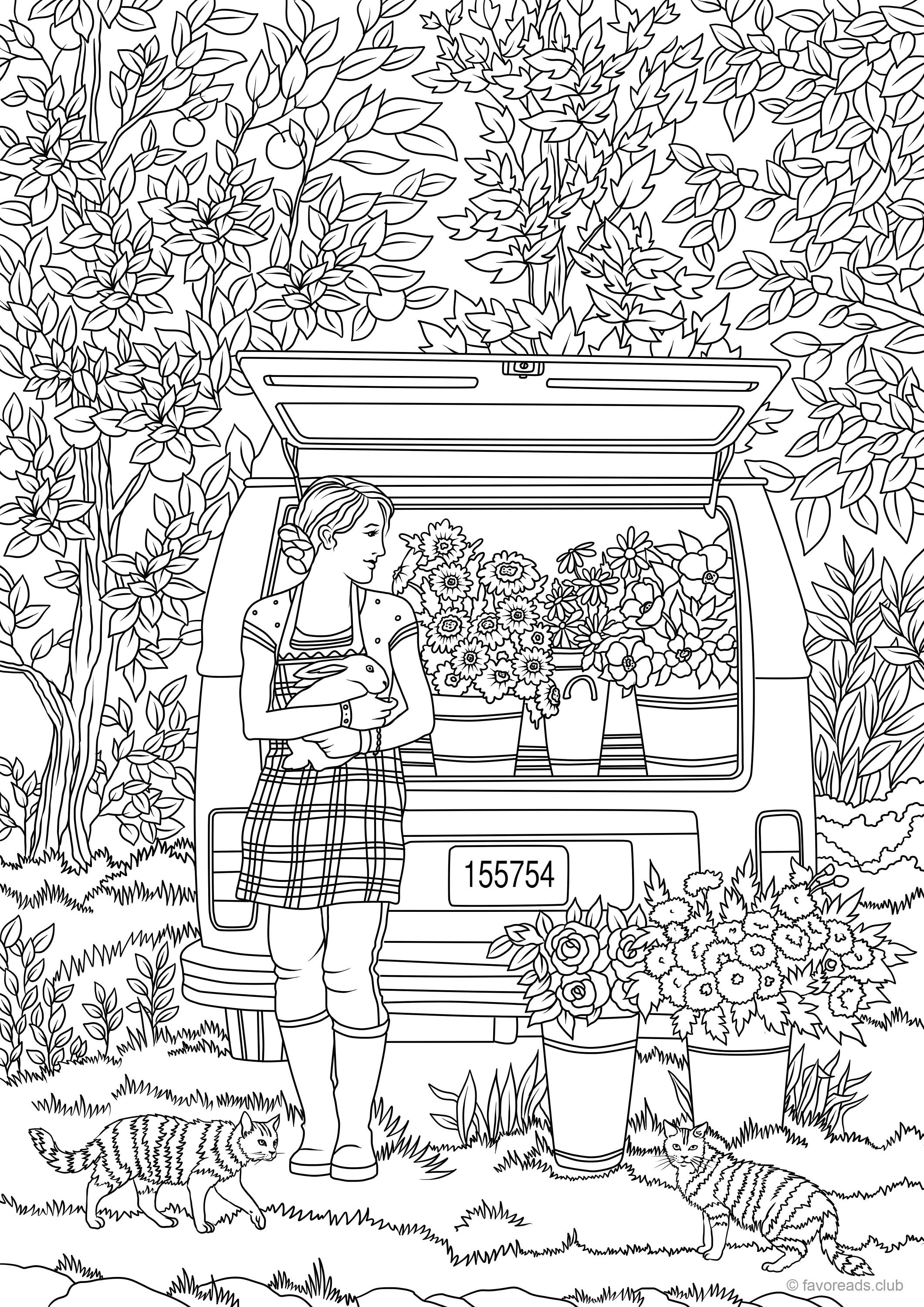 Car With Flowers Printable Adult Coloring Page From Etsy