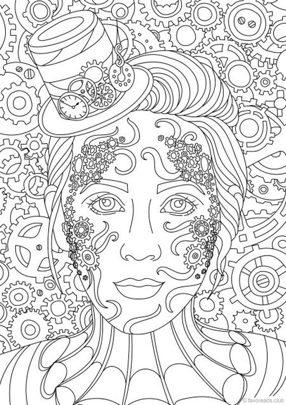 steampunk lady printable adult coloring page from favoreads etsy