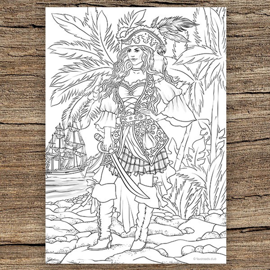 Pirate Girl Printable Adult Coloring Page from Favoreads | Etsy