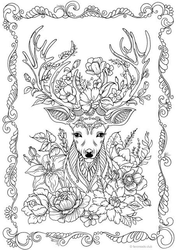 Fantasy Deer  Printable  Adult  Coloring  Page  from Favoreads 