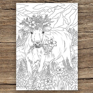 Cow in Flowers - Printable Adult Coloring Page from Favoreads (Coloring book pages for adults and kids, Coloring sheets, Coloring designs)