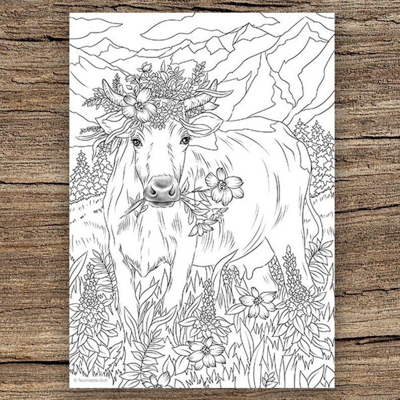 Cow Coloring Pages For Adults Cow in Flowers Printable Adult Coloring Page from Favoreads | Etsy