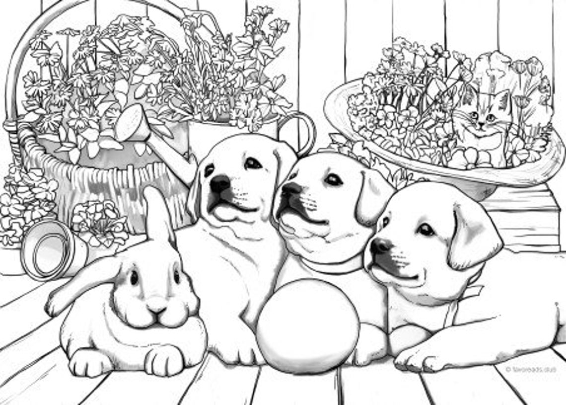 Puppies Printable Adult Coloring Page From Favoreads coloring Book ...