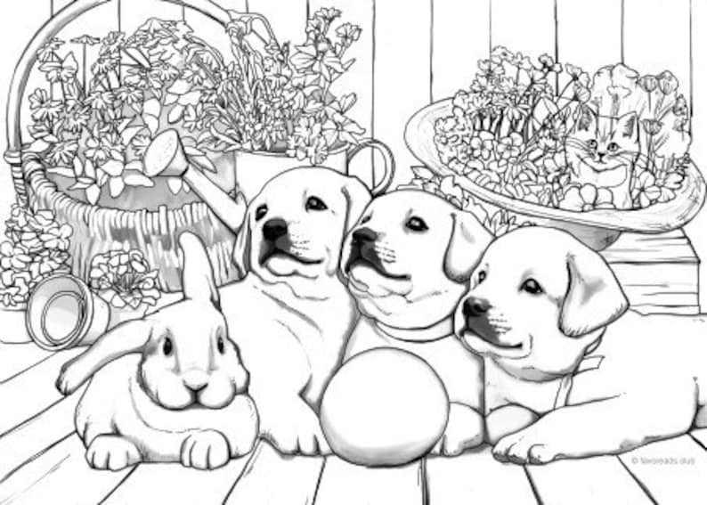 Puppies Printable Adult Coloring Page From Favoreads coloring Book ...