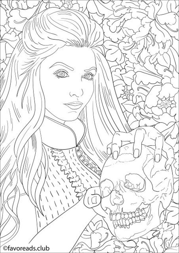 Girl With A Skull Printable Adult Coloring Page From Etsy