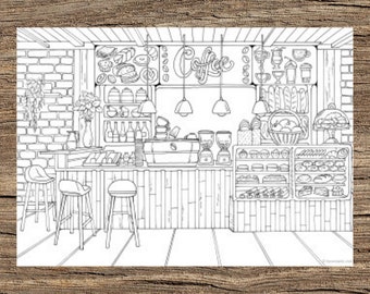 Coffee Shop - Printable Adult Coloring Page from Favoreads (Coloring book pages for adults and kids, Coloring sheets, Colouring designs)