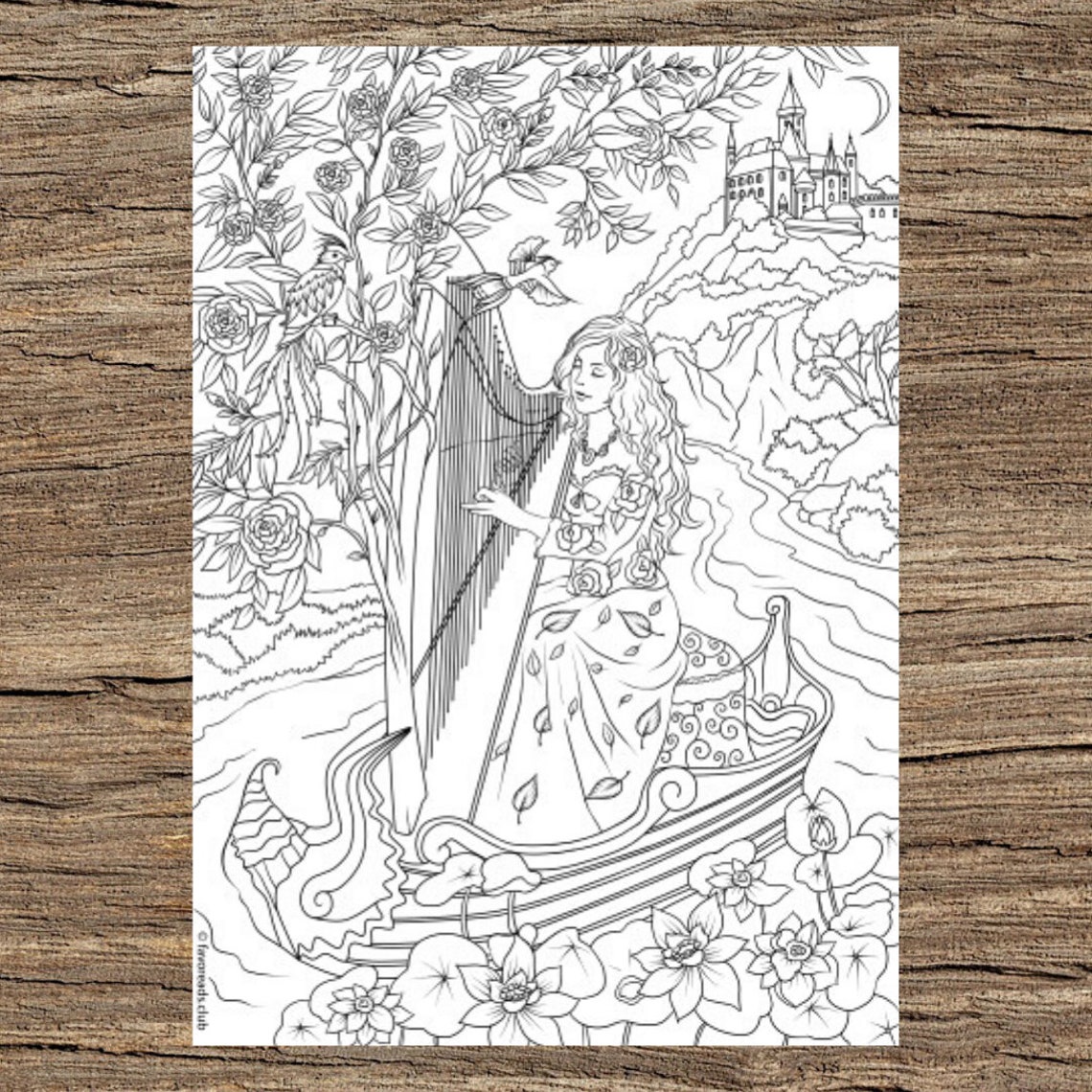 Harp Player Printable Adult Coloring Page From Favoreads | Etsy
