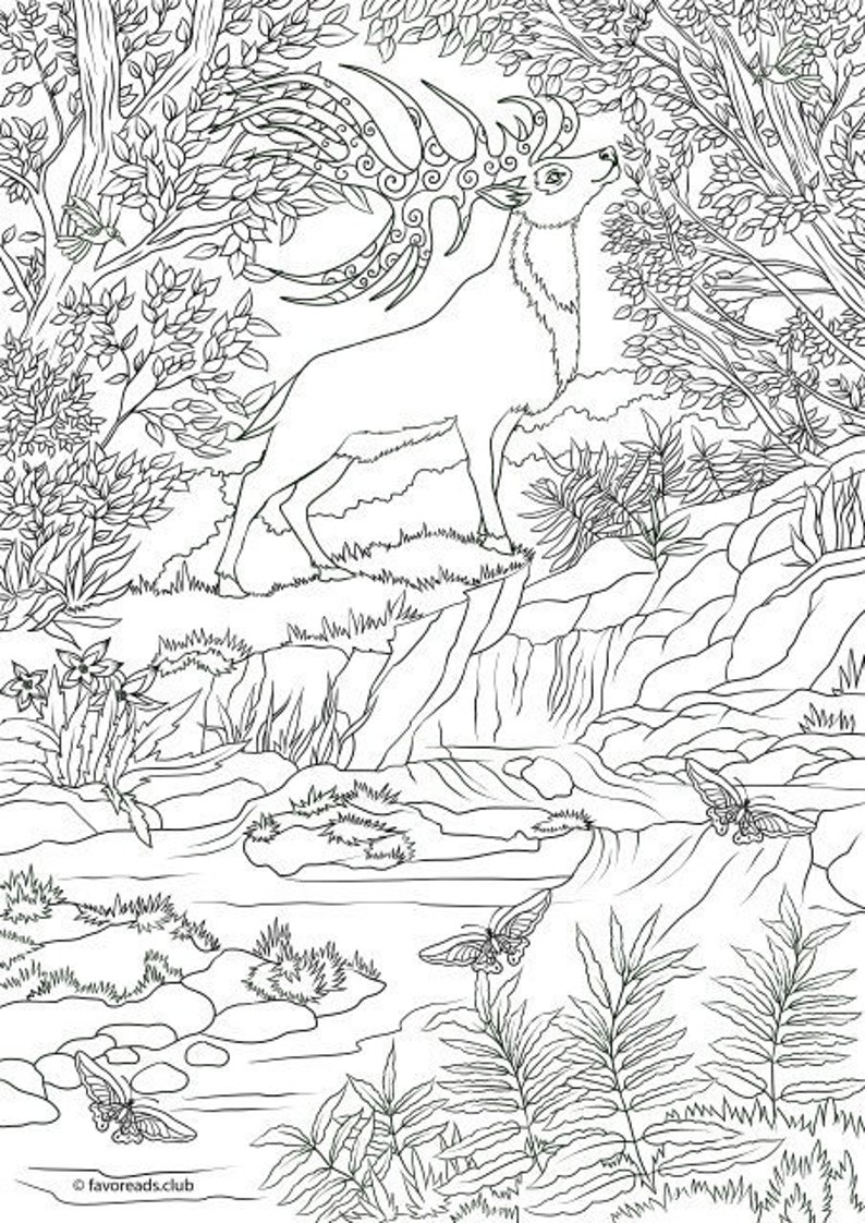 Deer Printable Adult Coloring Page from Favoreads Coloring | Etsy