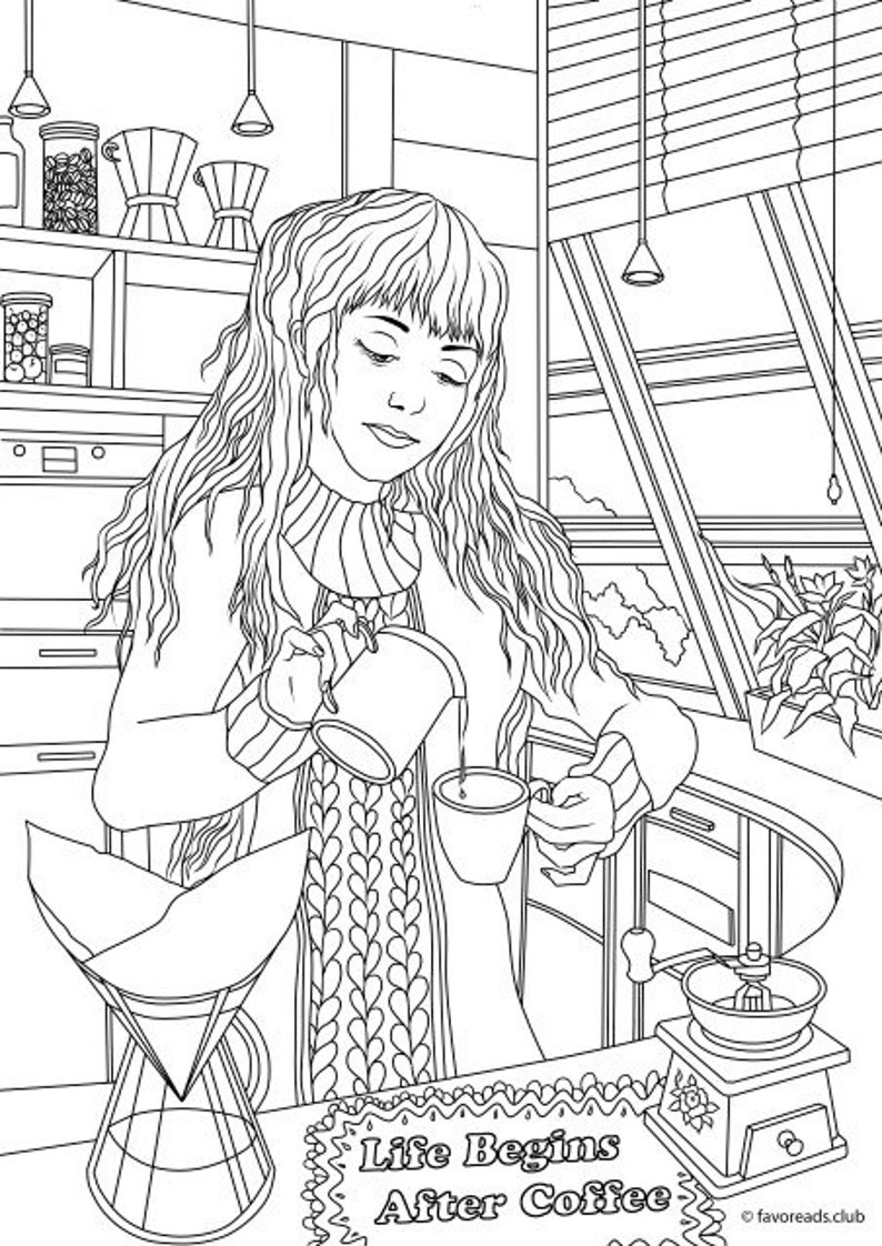 Life and Coffee Printable Adult Coloring Page From Favoreads - Etsy