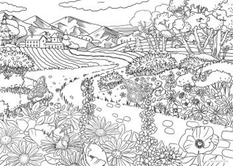 Flower Field Printable Adult Coloring Page From Favoreads Etsy