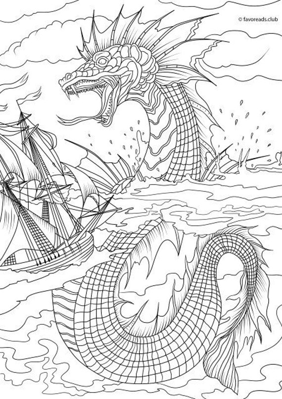 Sea Monster Printable Adult Coloring Page from Favoreads | Etsy