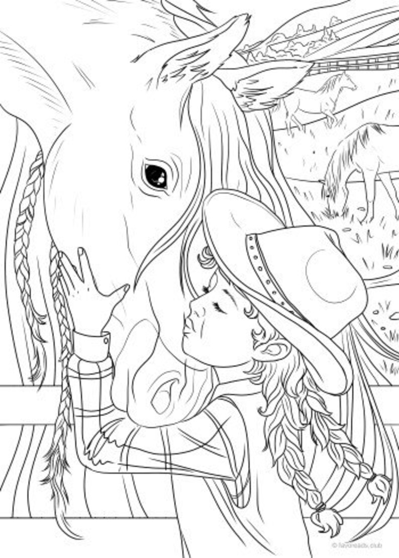 Girl and a Horse Printable Adult Coloring Page From Etsy