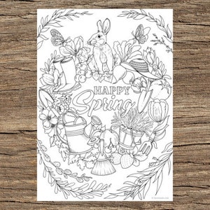 Happy Spring - Printable Adult Coloring Page from Favoreads Coloring book pages for adults and kids Coloring sheets Coloring designs