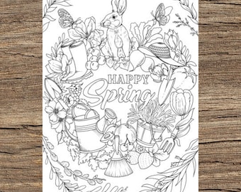 Happy Spring - Printable Adult Coloring Page from Favoreads Coloring book pages for adults and kids Coloring sheets Coloring designs