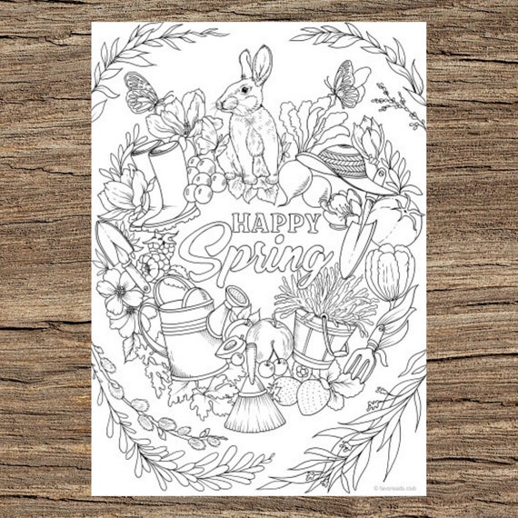 Happy Spring  Printable Adult Coloring Page from Favoreads