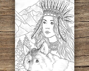Woman and Wolf - Printable Adult Coloring Page from Favoreads (Coloring book pages for adults and kids, Coloring sheets, Colouring designs)