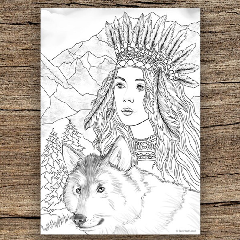 Woman and Wolf Printable Adult Coloring Page from Favoreads | Etsy