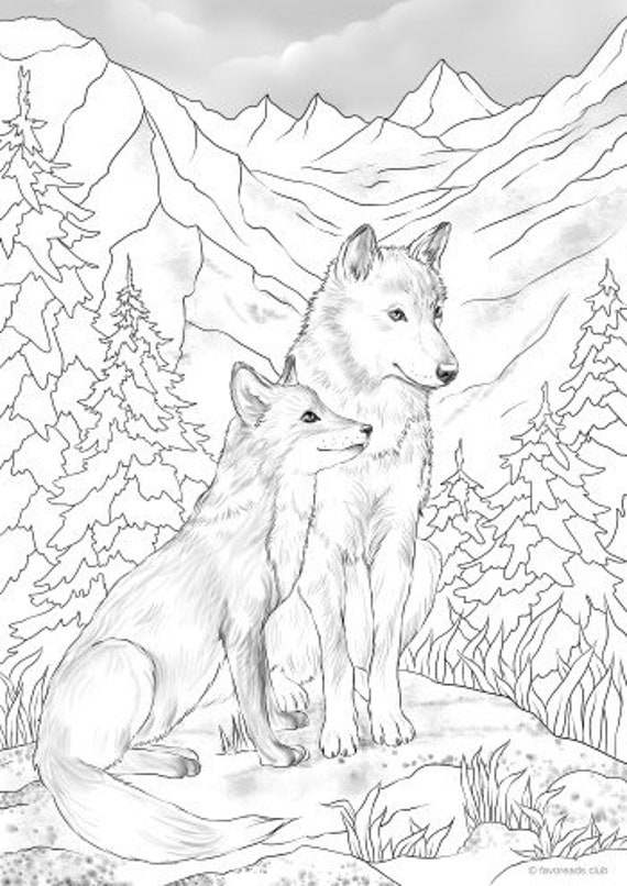 wolf and fox printable adult coloring page from favoreads etsy