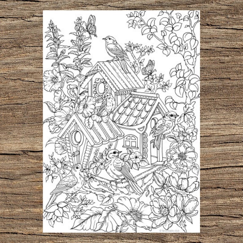 May include: A black and white line drawing of a birdhouse with four birds perched on it. The birdhouse is surrounded by flowers and leaves.