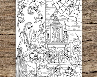 Halloween Stuff - Printable Adult Coloring Page from Favoreads (Coloring book pages for adults and kids, Coloring sheets, Colouring designs)