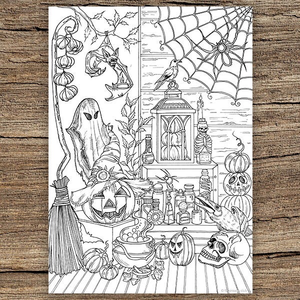 Halloween Stuff - Printable Adult Coloring Page from Favoreads (Coloring book pages for adults and kids, Coloring sheets, Colouring designs)