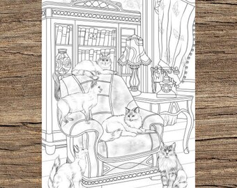 Cats and Armchair - Printable Adult Coloring Page from Favoreads Coloring book pages for adults and kids Coloring sheets Coloring designs