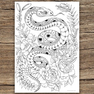 May include: A black and white line drawing of a snake curled around flowers. The snake is detailed with intricate patterns and the flowers are realistic.