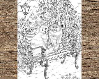 Romantic Cats - Printable Adult Coloring Page from Favoreads (Coloring book pages for adults and kids, Coloring sheets, Coloring designs)