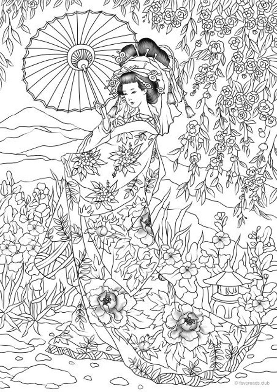 Japanese Woman Printable Adult Coloring Page from Favoreads | Etsy