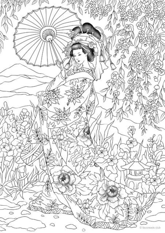 Japanese Woman Printable Adult Coloring Page from Favoreads | Etsy