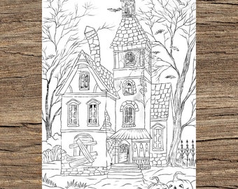 Halloween House - Printable Adult Coloring Page from Favoreads (Coloring book pages for adults and kids, Coloring sheets, Colouring designs)