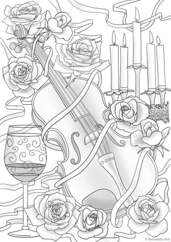 Violin And Flowers Printable Adult Coloring Page From Favoreads Coloring Book Pages For Adults Coloring Sheets Coloring Designs
