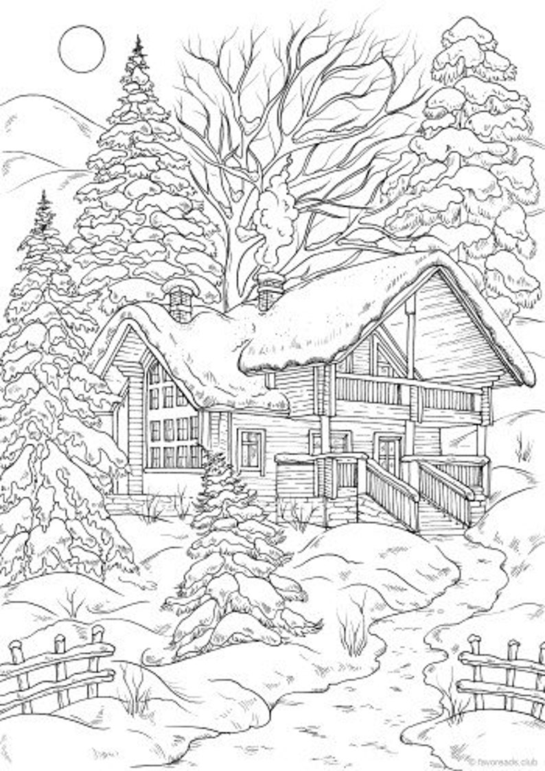 Winter House Printable Adult Coloring Page From Favoreads | Etsy
