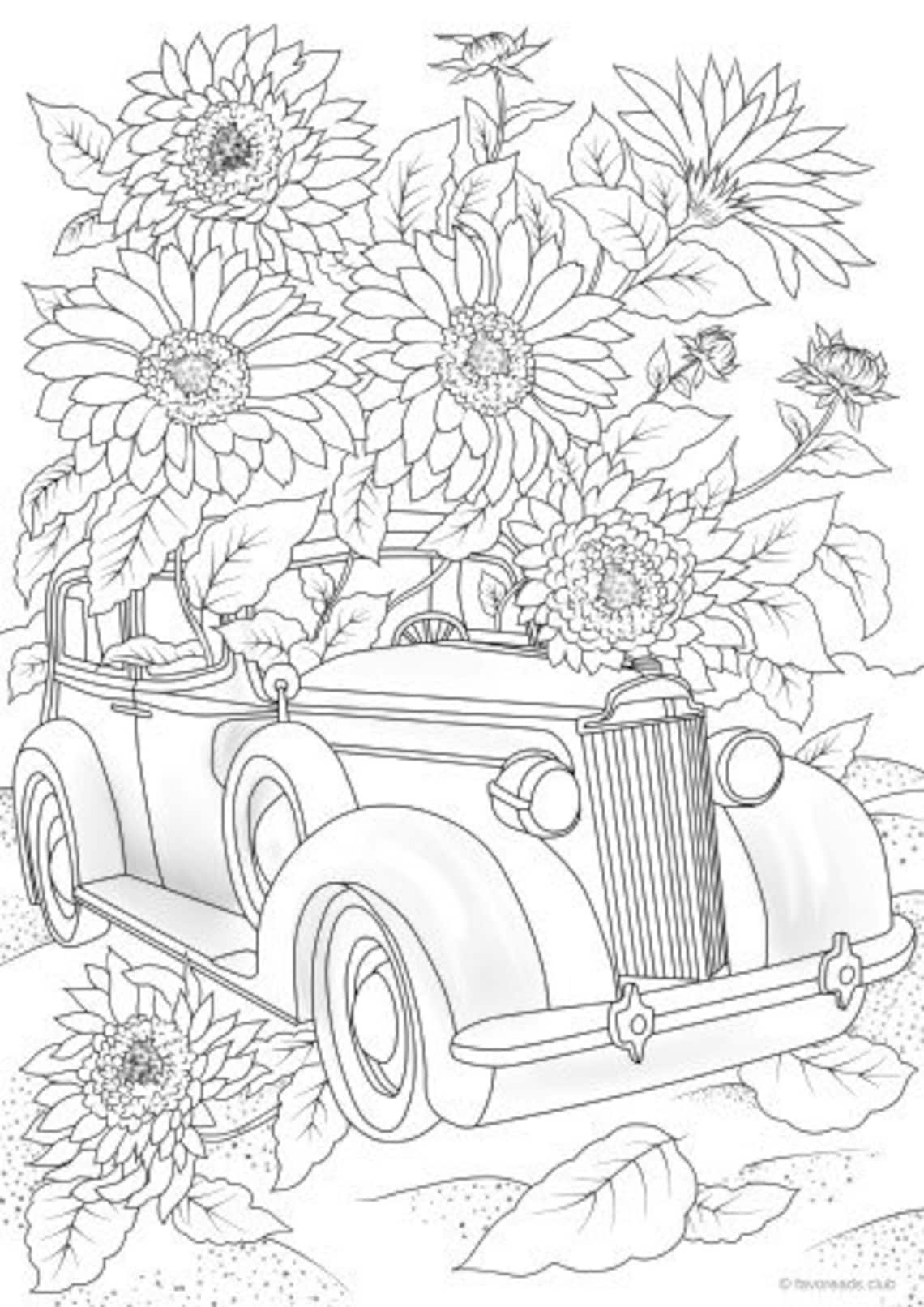 Car in Flowers Printable Adult Coloring Page From Favoreads Etsy
