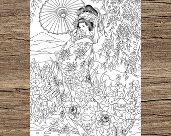 Japanese Woman - Printable Adult Coloring Page from Favoreads (Coloring book pages for adults and kids, Coloring sheets, Coloring designs)