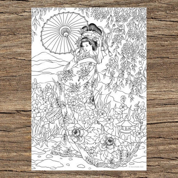 japanese woman printable adult coloring page from favoreads etsy uk
