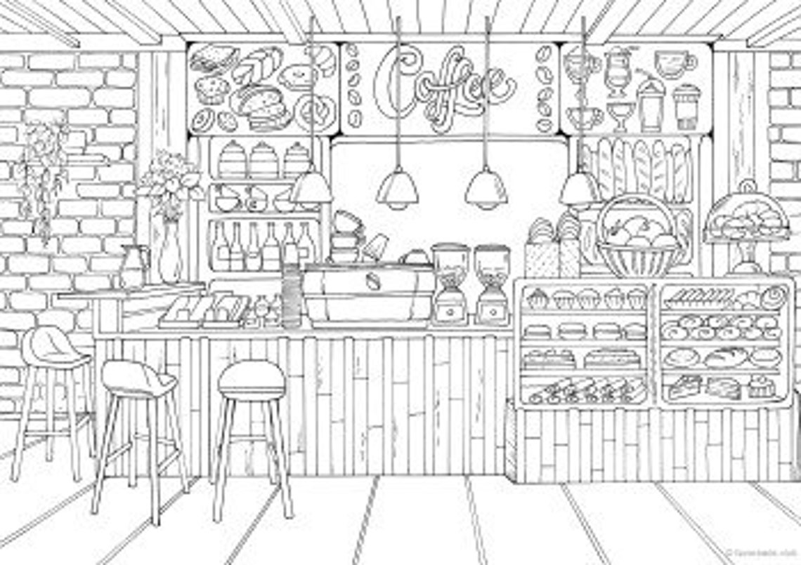 Coffee Shop Printable Adult Coloring Page From Favoreads | Etsy