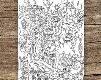 Halloween Tree  - Printable Adult Coloring Page from Favoreads (Coloring book pages for adults and kids, Coloring sheets, Coloring designs)