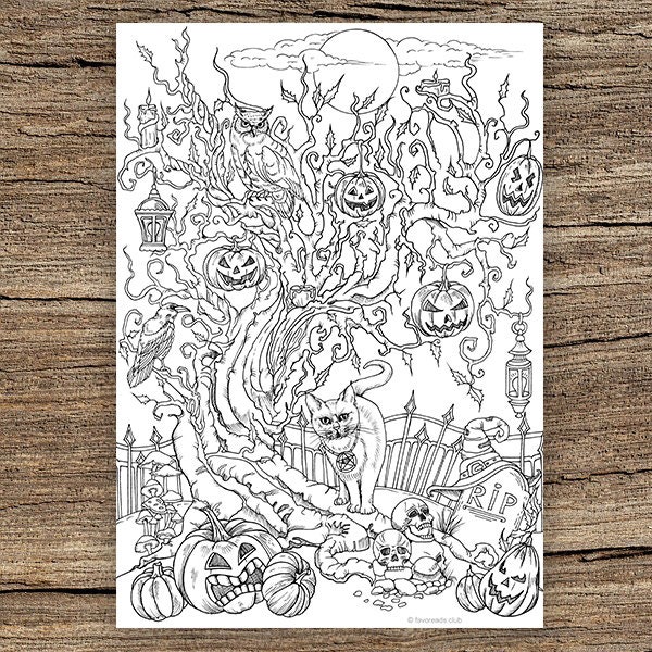 Halloween Tree Printable Adult Coloring Page from Favoreads | Etsy