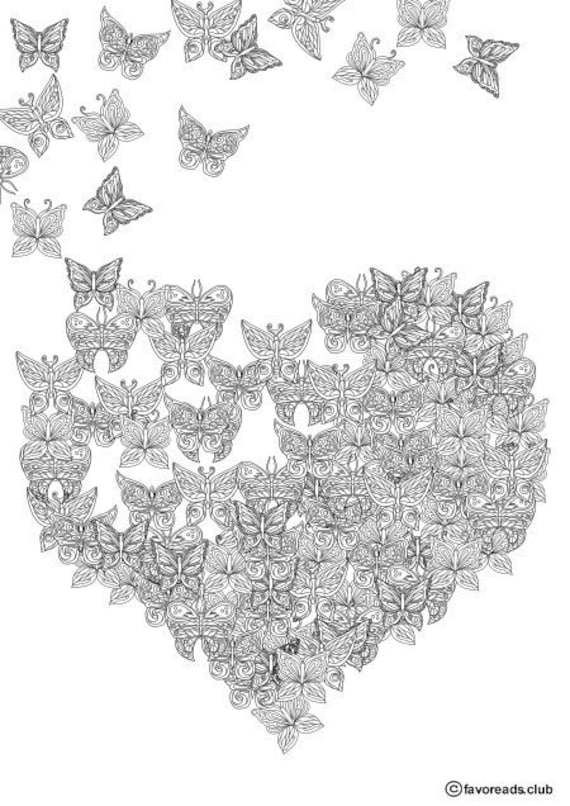 Butterfly Heart Printable Adult Coloring Page from Favoreads | Etsy