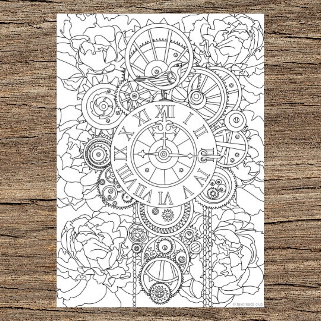 Steampunk Clock Printable Adult Coloring Page From Favoreads coloring