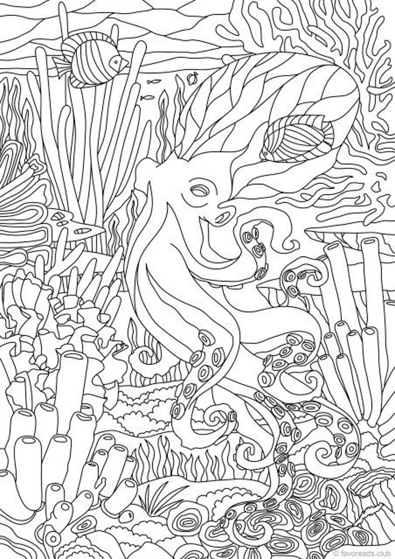 Octopus Printable Adult Coloring Page From Favoreads - Etsy