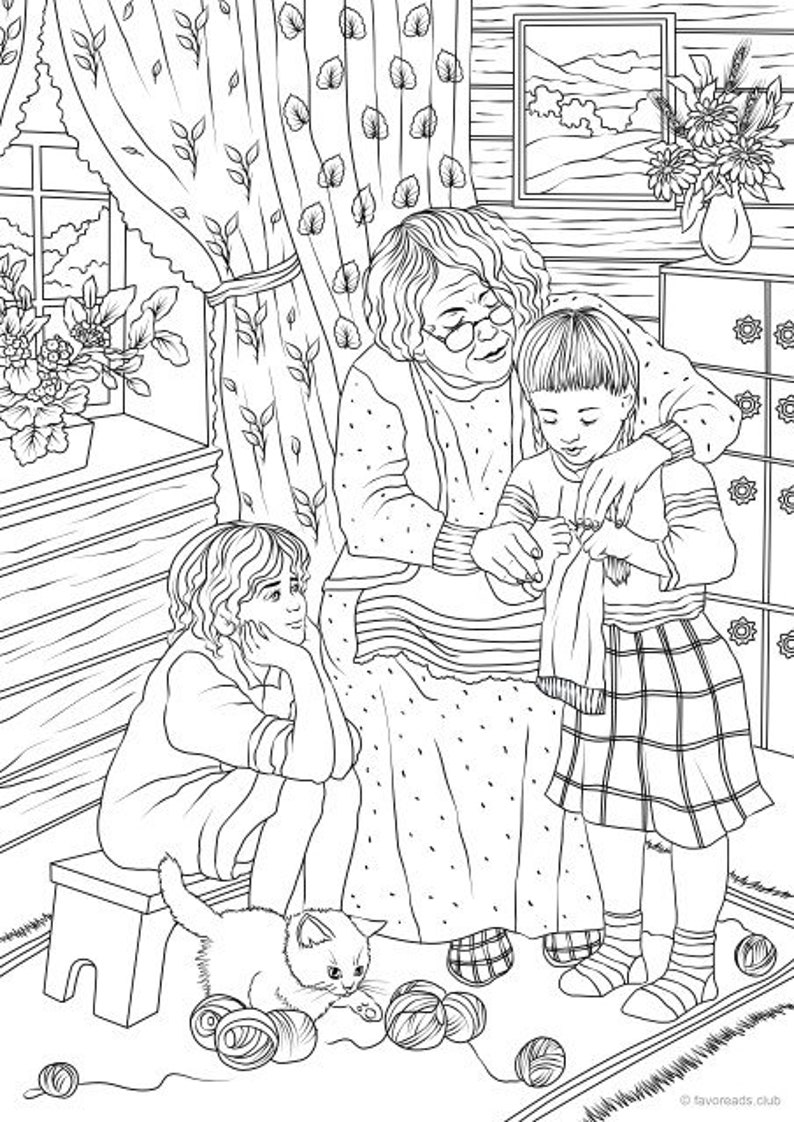 Grandmas Knitting Printable Adult Coloring Page from Favoreads Coloring book pages for adults and kids Coloring sheets Coloring designs image 1