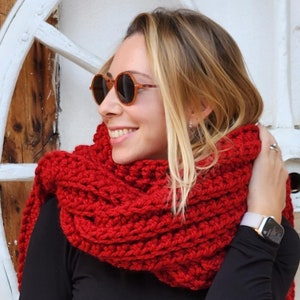 Red Chunky Scarf – Handmade Extra Long Knit Scarf – Oversized Winter Scarf – Cozy Wool Blend Crochet Scarf Christmas Gift
