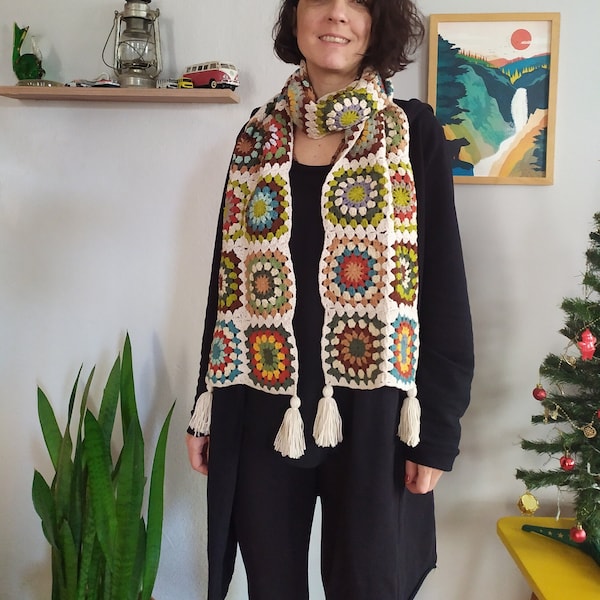 Cream and Colorful Scarf, Warm Winter Crochet Clothing, Handknit Scarves, Granny Square Scarf, Handknit Long Vintage style Scarf Gifts