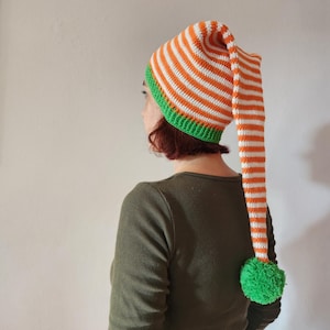 Handmade Knit Elf Hat – Orange & White Striped Santa Hat, Vegan Cotton Blend