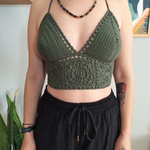 • Olive green crochet bralette top with halter straps and lace-up back
