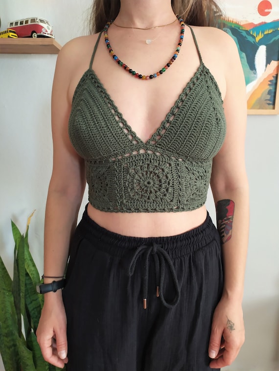 Green Crochet Tank Top, Crochet Bralette, Crochet Summer Top, Boho Crop Top,  Sunflower Crochet Crop, Crochet Top Patterns, Vegan Bralette -  Canada