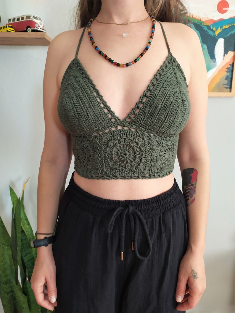 • Olive green crochet bralette top with halter straps and lace-up back