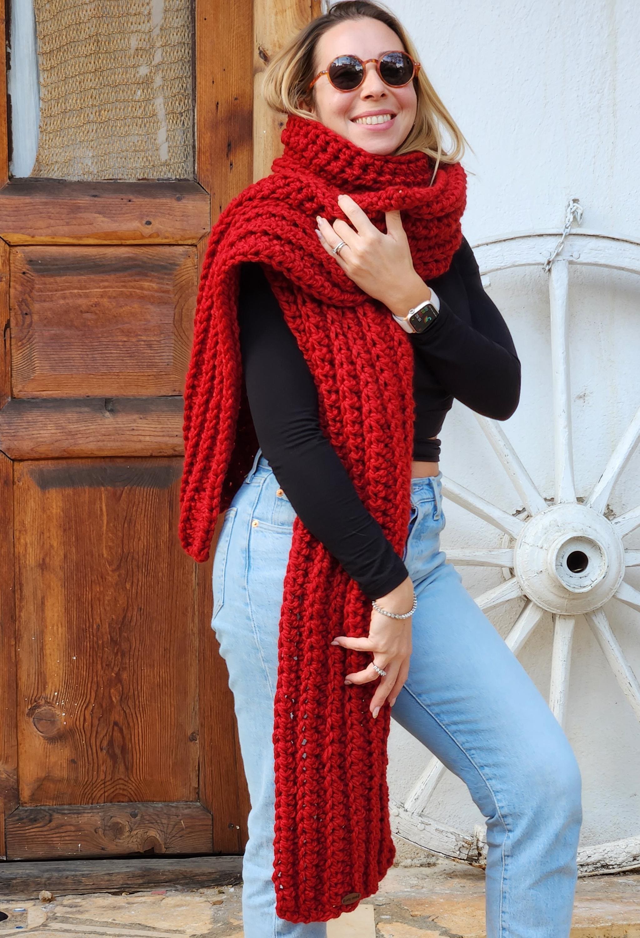 Red Chunky Crochet Scarf – Extra Long Super Bulky Cozy Winter